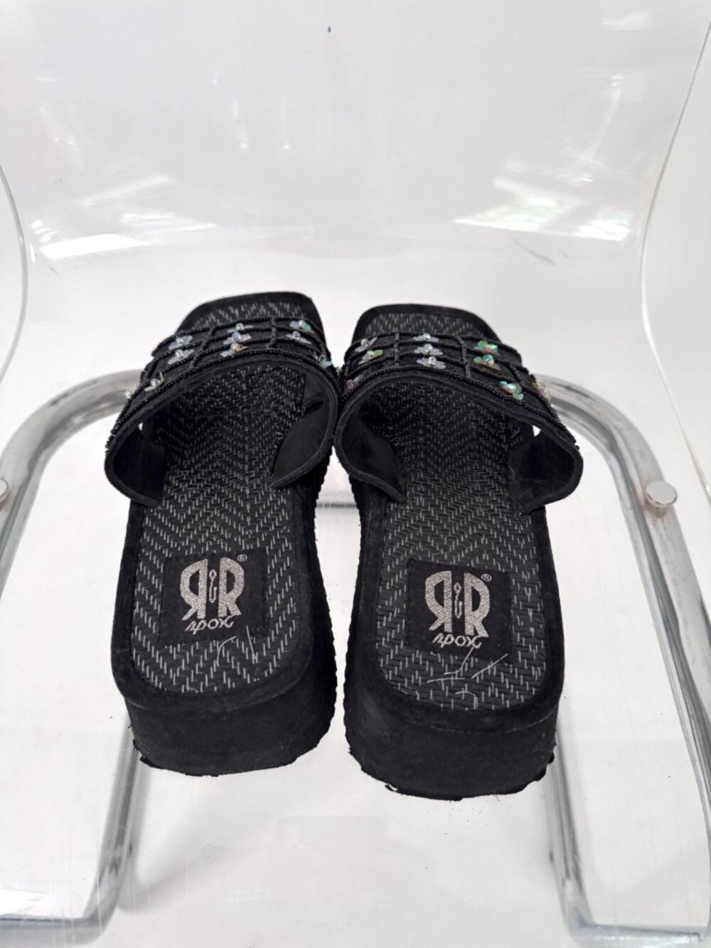 Y2K vintage floral sequin beaded chunky platform wedge slide sandals US 8 8.5 - Picture 5 of 7